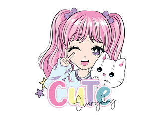 Vector illustration, cute girl smiling with happy kitten. Design for printing on shirt, Templates for celebration, poster, banner. Lovely print for t-shirt