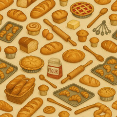 Seamless Pattern with Hand-Drawn Bakery Items