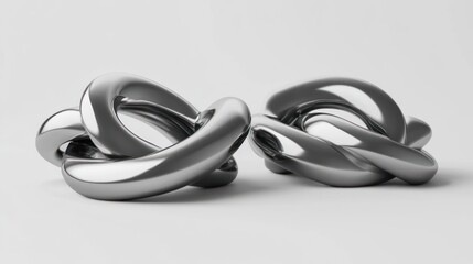 Fototapeta premium Two polished, metallic, abstract sculptures interlocked, displayed on a white background.