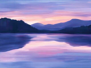 Fototapeta premium Serene Sunset Landscape Painting: Purple Mountains and Calm Lake Reflection