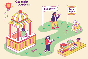 Public square event with books, flags, and literature stalls, celebrating the importance of World Book and Copyright Day and raising awareness about intellectual property
