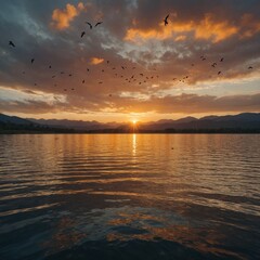 A sunset over a mountain lake with elegant birds in the background.