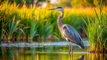 Naklejka premium A Great Blue Heron Standing Gracefully in Its Natural Wetland Habitat