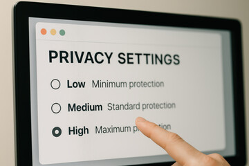 User selecting high privacy settings on a computer screen interface