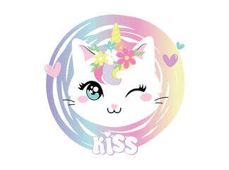 Vector illustration, cat and flowers on a colored circle. Design for printing on shirt, Templates for celebration, poster, banner. Lovely print for t-shirt