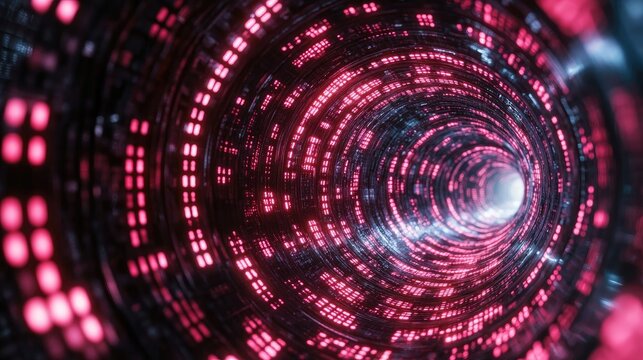 Futuristic tunnel displays with glowing red and blue illumination patterns