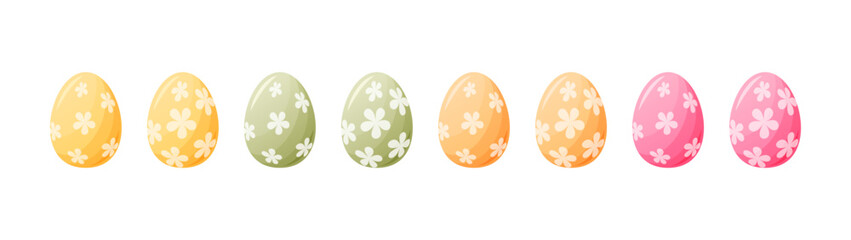 Set of colorful Easter eggs with floral print. Vector illustration with clipart elements for traditional egg hunt.