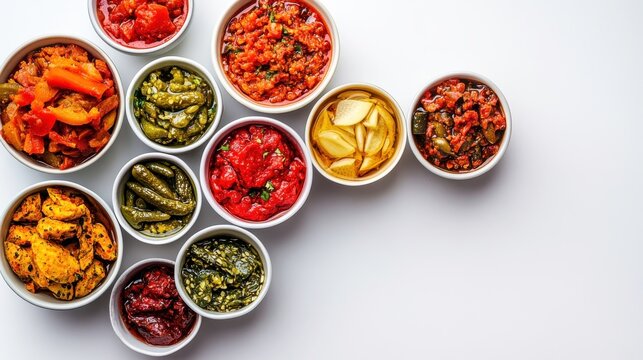 vibrant flat lay of assorted Indian pickles in bowls on white background, showcasing variety of colors and textures. arrangement highlights diversity and richness of Indian cuisine