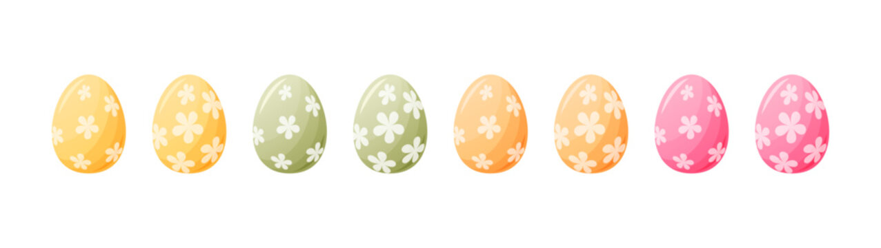 Set of colorful Easter eggs with floral print. Vector illustration with clipart elements for traditional egg hunt.