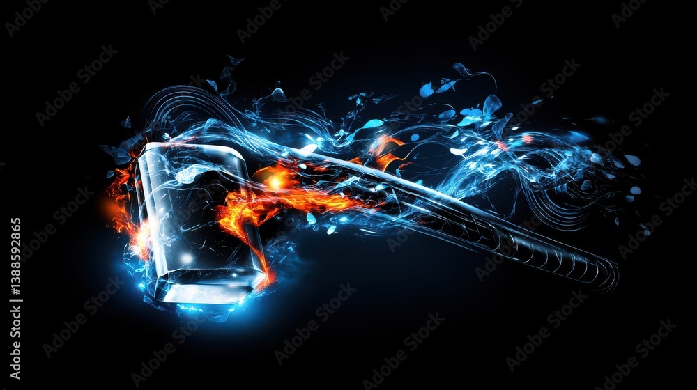 Poster dynamic hammer in motion creating flames and energy waves against a dark background for creative con
