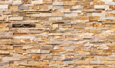 Natural Stone texture background. Beige brown color. Square rectangle shape in horizontal row stripe. Material for architectural decoration, wall cladding panel for facade, hotel, pool villa, resort.