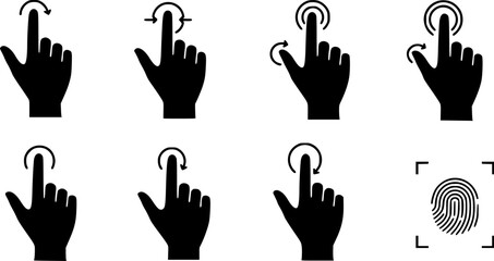 Fototapeta premium Set of hand gestures icons for using in the touch sensitive screen. Vector collection includes: fingerprint, taps, double taps, swipes, drags and more.