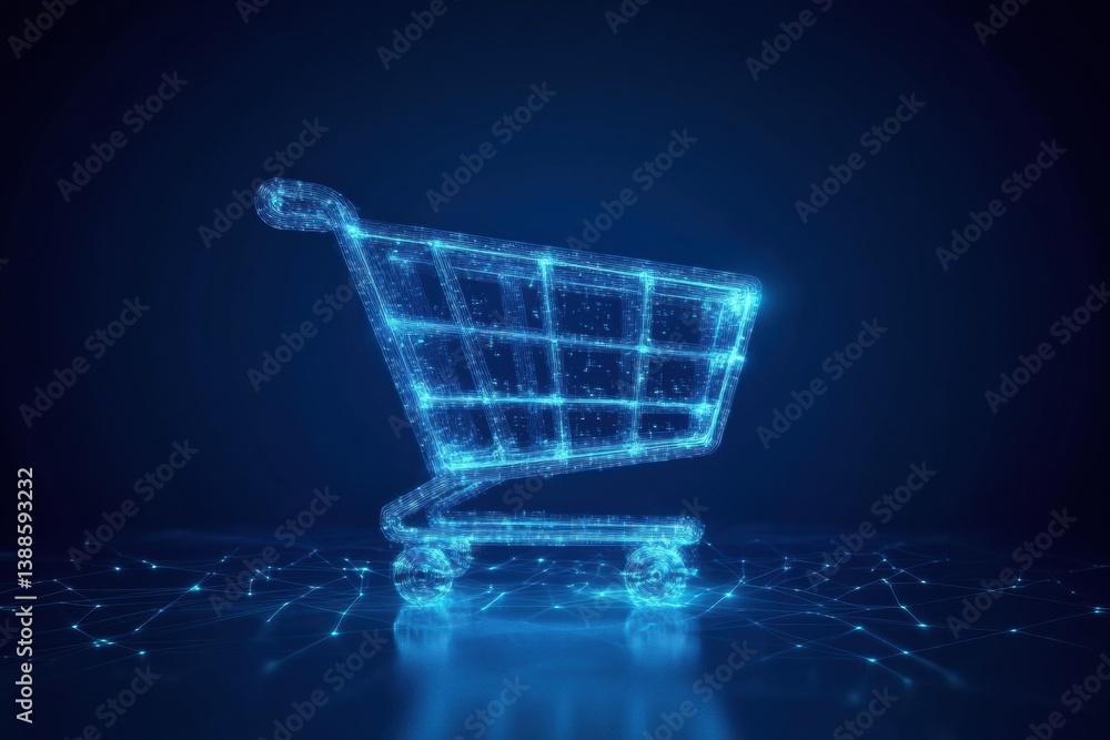 Fototapete sleek minimalistic shopping cart icon with glowing digital lines on deep blue gradient background sh