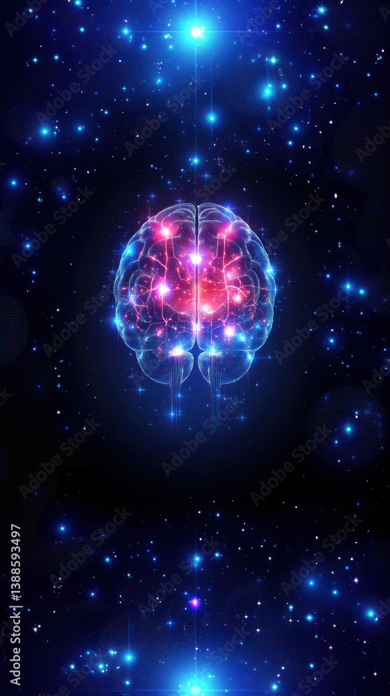 Aufkleber a colorful brain is surrounded by a starry background. the brain is illuminated with red and blue li