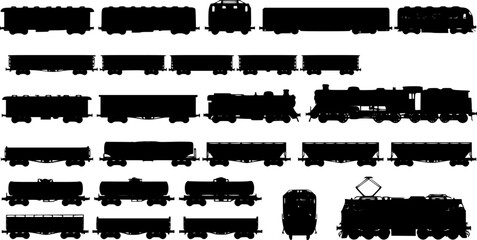 set of Vector collection of rail transport silhouettes. Passenger and freight transport set of wagons and locomotives.
