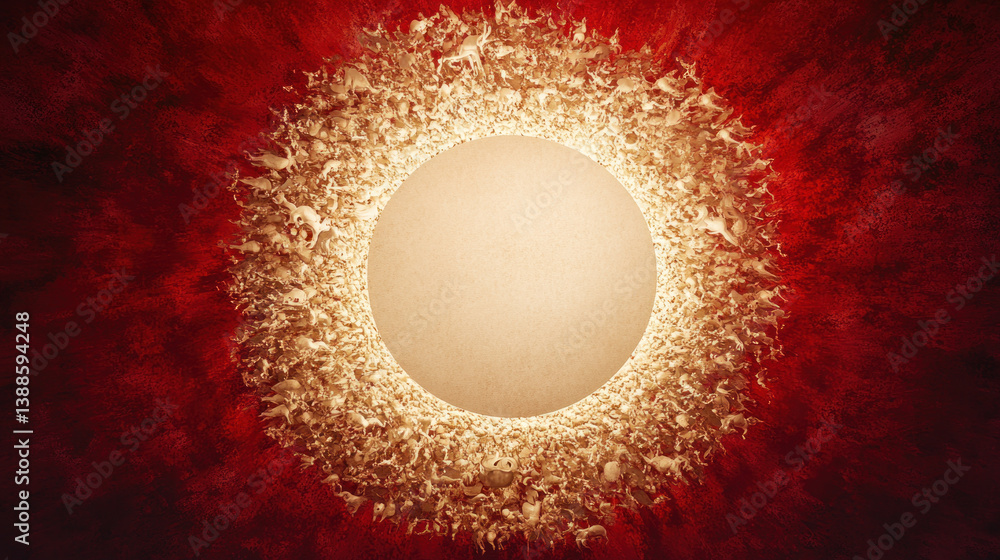 Poster a red and yellow circle with a lot of people in it. the circle is the center of the image and the pe