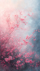 A painting of a tree with pink blossoms. The painting has a soft, dreamy feel to it, with the pink flowers creating a sense of tranquility and beauty