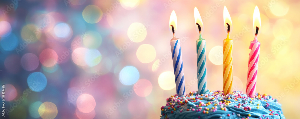 Poster a cake with four lit candles on it. the candles are in different colors and are lit. the cake is on 