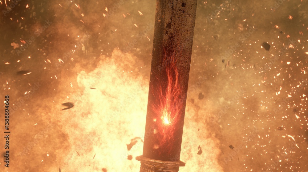 Poster fiery sword erupting with flames and sparks against explosive background in dramatic visual display 