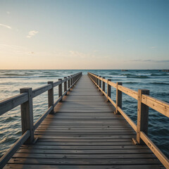 Obraz premium Wooden pier stretches towards the sea under a summer sky.