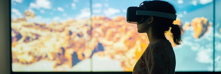 Student engages in immersive learning experience with virtual reality technology in a futuristic digital classroom