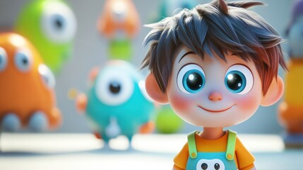 Adorable Boy with Playful Monsters: A 3D Rendered Animation