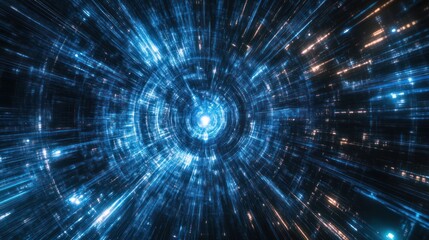 A futuristic tunnel showing lights and a digital abstract environment