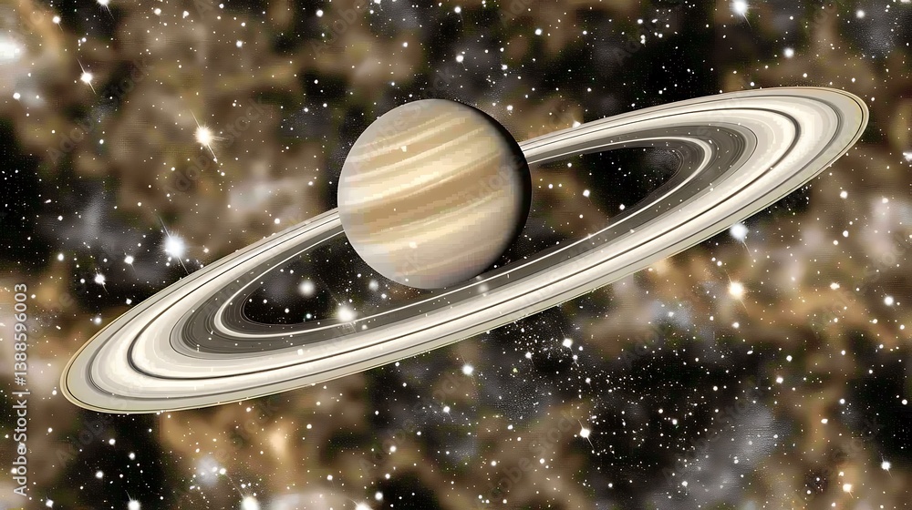 Poster a large planet with rings is positioned in space