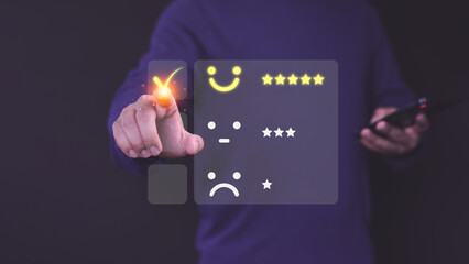 Man select a happy face icon on a feedback with neutral and sad face options below. Concept of customer satisfaction, testimonial, online reviews, decision-making in user experience evaluation.