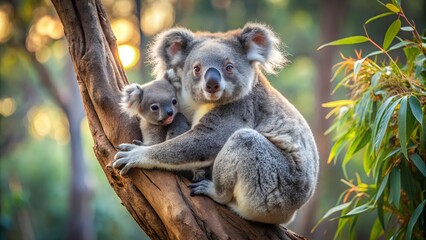 Fototapeta premium A Mother Koala Carrying Her Baby on Her Back in the Eucalyptus Trees