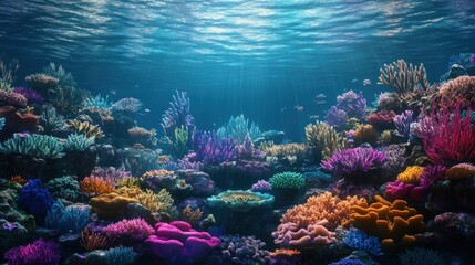 Fototapeta premium Vibrant coral reef teeming with diverse marine life under sunlit ocean water.