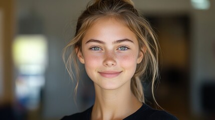 Obraz premium Portrait of a Teenage Girl with Blonde Hair and Blue Eyes