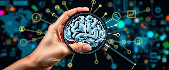 A hand sketches a social network web, holding a magnifying glass over a brain illustration, visualization, web