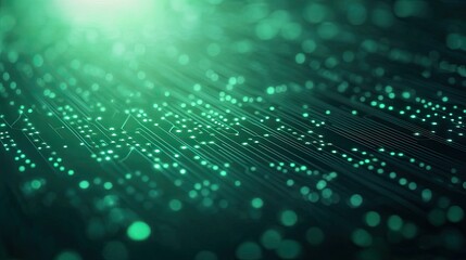 Electronic circuit board with glowing green lights and intricate patterns