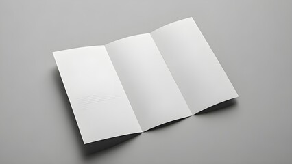 tri-fold blank white brochure on light gray background,empty,note