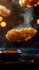 A close-up of a crispy chicken nugget with a side of dipping sauce