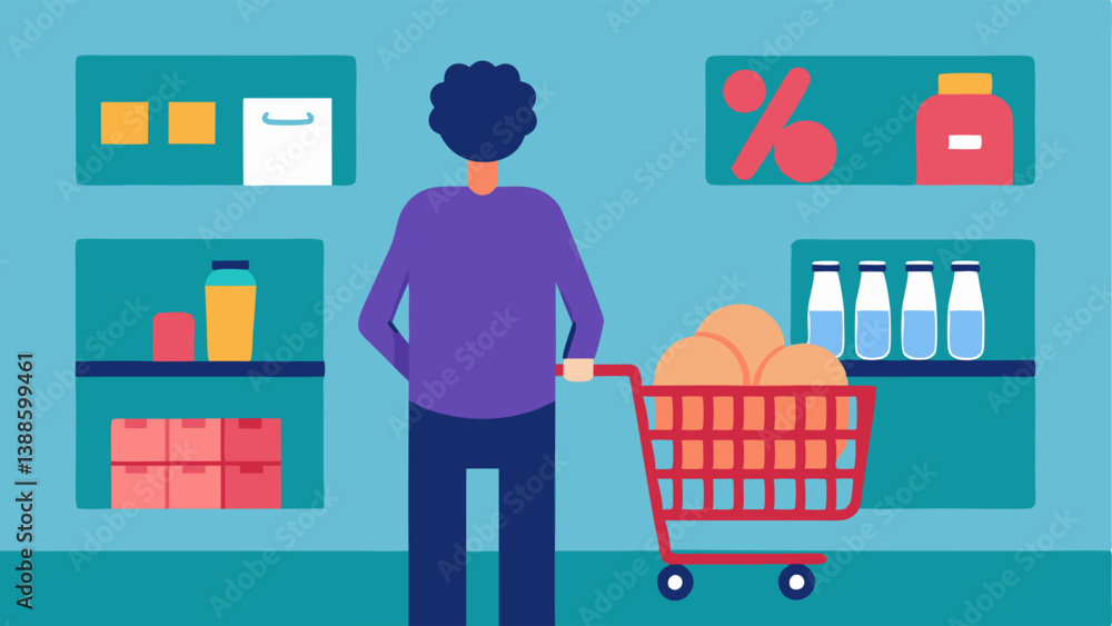 Poster grocery shopping dilemma a person standing in a grocery store aisle looking puzzled while holding a 