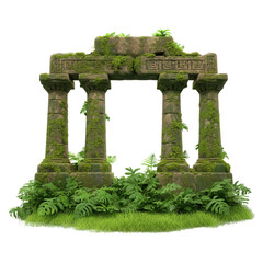 Ancient Stone Ruins Overgrown with Lush Vegetation on a Transparent Background