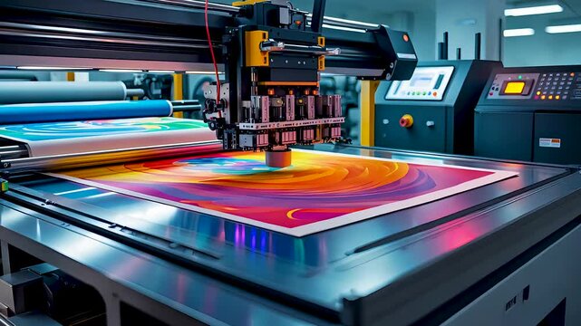 High-speed industrial printer producing vibrant graphic design in factory, 4k loop