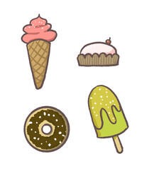 Hand Drawn Set of Assorted Sweet Desserts Strawberry Mochi, Ice Cream Cone, Green Ice Cream Pop, Chocolate Donut