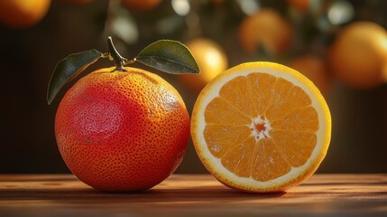 Two oranges, one whole with leaves, one cut in half, on a wooden surface