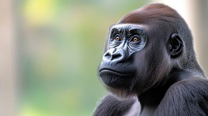 Obraz premium Gorilla Close-Up Portrait Naturalistic Style High-Definition Focus Three-Quarter View Subtle Fur Texture Contemplative Gaze Lush Green Background Dark Gray Hues Ideal for Wildlife Conservation