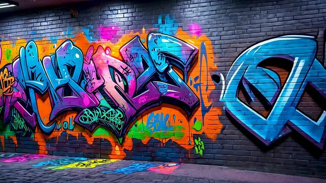 Colorful urban graffiti artwork painted on dark brick wall in vibrant tones, 4k loop