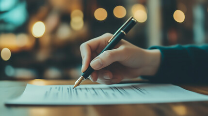 Close-up of a hand writing with a fountain pen on a business document in a warmly lit setting, blurred background creating a cozy mood, Concept of strategy, planning and document preparation.
