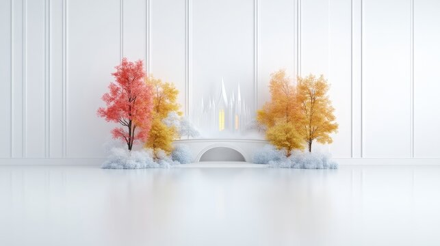 Autumnal scene, minimalist, white, soft colours
