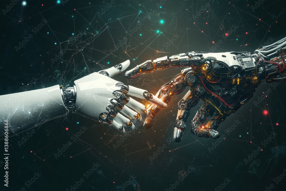 Poster modern collage symbolizing the struggle between human and artificial intelligence through the touch 