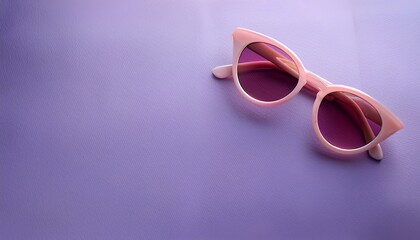 pink sunglasses on a purple background with copy space.