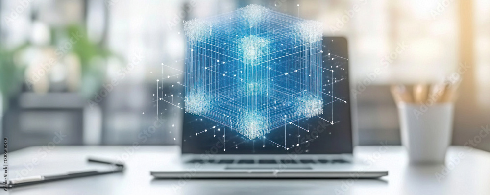 Poster a laptop screen shows a blue cube with a lot of lines and dots. concept of technology and complexity