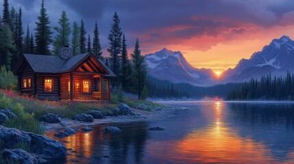 Fototapeta premium Cabin by lake, sunset illuminates mountains, water reflects light, trees surround. Serene scene