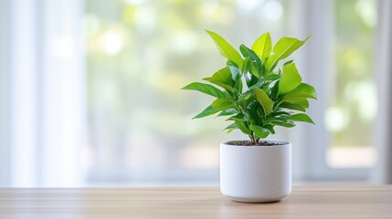 A vibrant green plant sits in a simple white pot on a light wood surface. The background is a softly blurred window view. The image is high quality, well-lit, and features a minimalist aesthetic. T